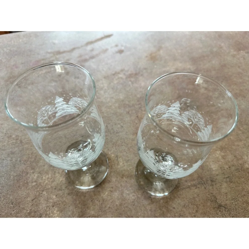 Vintage Etched Winter Scene Glass Goblets Set of 2 Christmas Pine Tree Snow